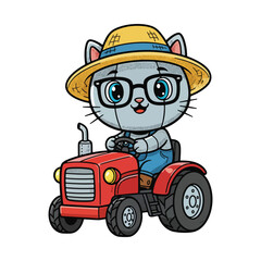 Cartoon Robot Cat Farmer Driving Red Tractor with Hat.