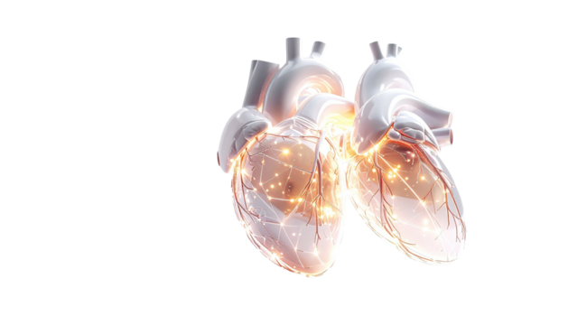 Two human hearts rendered with futuristic glow and internal neural network connections