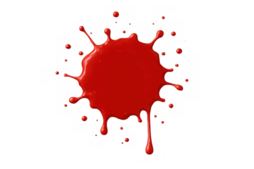 Red ink splash with irregular edges and dripping paint, creating a vibrant, dynamic blot on a transparent background