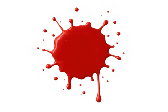 Red ink splash with irregular edges and dripping paint, creating a vibrant, dynamic blot on a transparent background