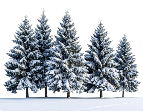 Snow covered pine trees isolated on transparent background.