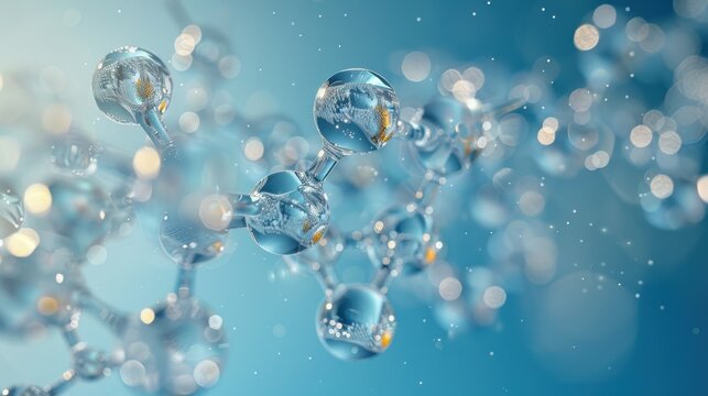 Pentagonal Molecule Light Blue Background gel spheres representing skincare ingredients like coenzyme Q10 and hyaluronic acid, with a clean, abstract background for dermatology and beauty applications