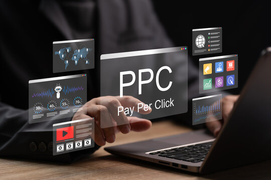 Pay-Per-Click (PPC) Digital Advertising Marketing, Businessman Planning Online Marketing Strategy, Search Engine Ad Campaign Optimization, Click Budget Control, Targeting High-Impact Digital Growth