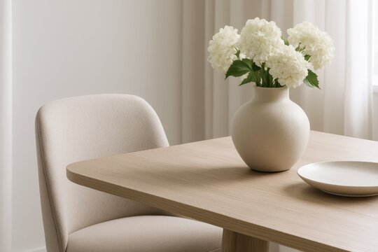 Soft Minimal Dining Room Detail. A light wooden table with a round ceramic vase of white flowers sits beside a neutral upholstered chair, creating a serene, elegant, and calming interior atmosphere.