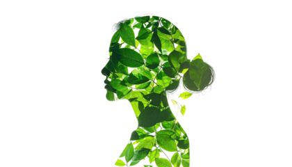 Silhouette filled with green leaves, depicting a human form against a black backdrop
