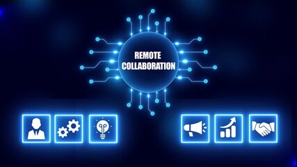 Digital network hub shows remote collaboration with connected business icons on dark blue background - Powered by Adobe