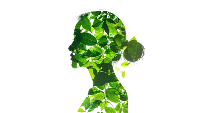 Silhouette filled with green leaves, depicting a human form against a black backdrop