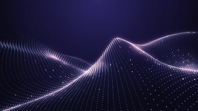 Abstract dark background with glowing particles forming wavy surface pattern