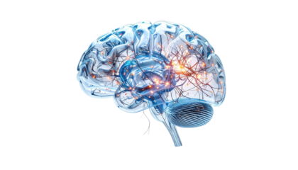Illuminated, transparent brain visualization, showing neural network activity with a dark background