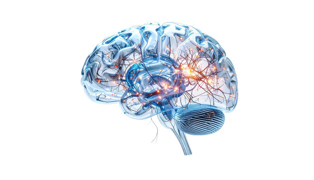 Illuminated, transparent brain visualization, showing neural network activity with a dark background