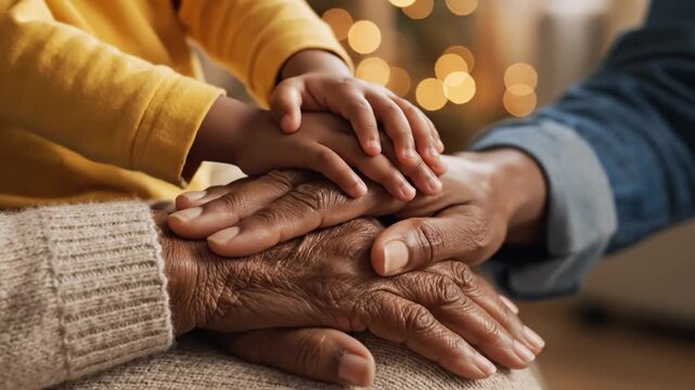 A close-up of three generations of hands stacked together. This heartwarming image symbolizes family unity, love, and support. Ideal for themes of legacy, care, and togetherness.