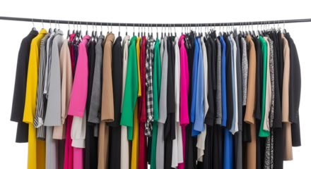 Assortment of colorful women's clothing items hanging on a rack isolated on a transparent background