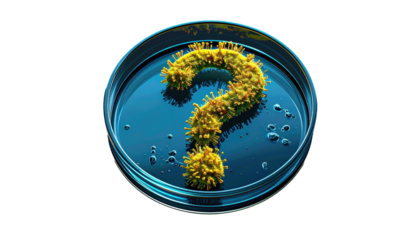 A petri dish filled with a bacterial question mark, highlighting scientific uncertainty