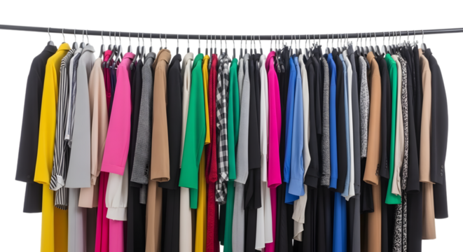 Assortment of colorful women's clothing items hanging on a rack isolated on a transparent background
