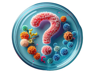 Microbiological petri dish with a question mark and colorful stylized microorganisms