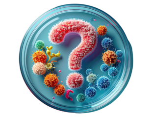 Microbiological petri dish with a question mark and colorful stylized microorganisms