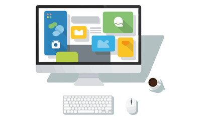 Modern Desktop Computer with Flat Design UI: A Workspace Illustration Showing a Monitor Displaying Colorful App Icons, Gallery Tiles, and Minimalist Interface Elements