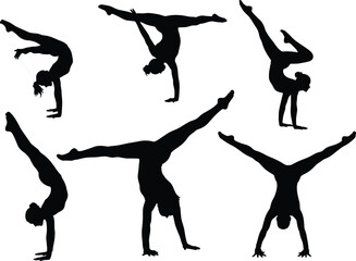 Black Silhouette Set of Female Gymnasts and Acrobats Performing Handstands, Handsprings, and Splits, Illustrating Flexibility, Balance, and Skill