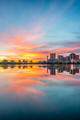Cau Giay Park Lake Sunset, Hanoi Skyline Reflection