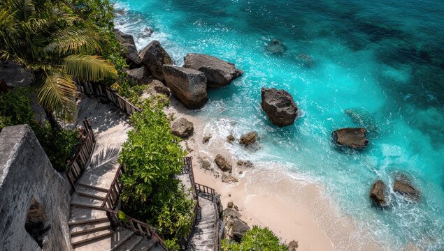 Cliffside beach, turquoise water, stone steps