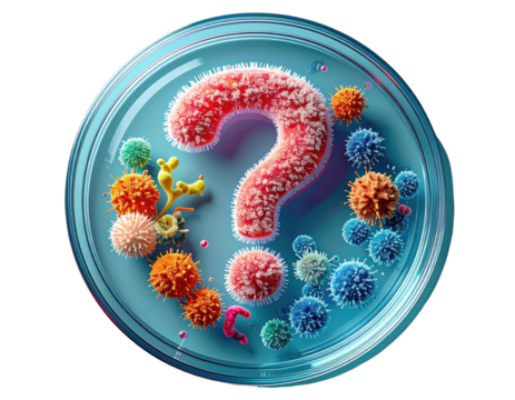 Microbiological petri dish with a question mark and colorful stylized microorganisms