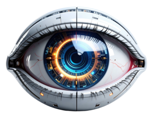 Futuristic eye with mechanical components, showcasing a vibrant inner lens design