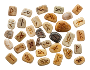 A collection of runes, etched onto various stones, scattered against a black backdrop