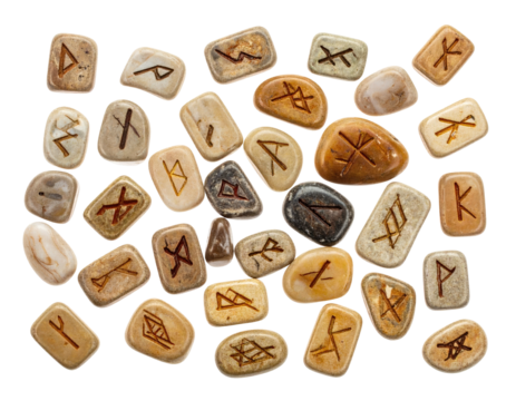 A collection of runes, etched onto various stones, scattered against a black backdrop