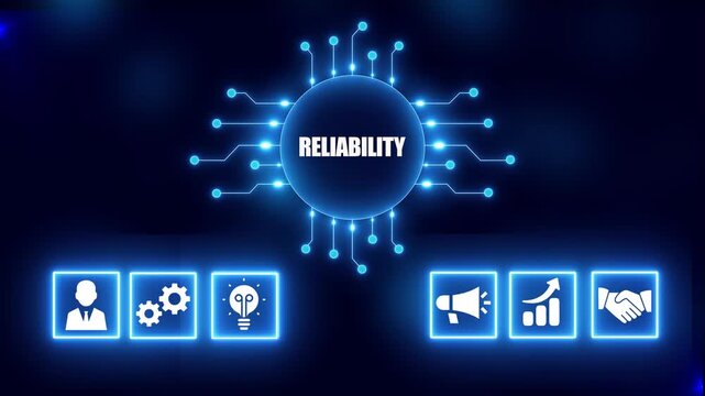 Glowing network hub displays reliability with connected business icons on dark blue background dependable