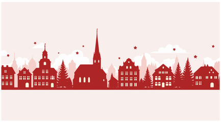 Fototapeta premium Monochrome Red Christmas Town Skyline Silhouette