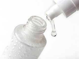 Clear liquid dripping from a white pump bottle into an open container for skincare use
