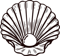 Engraved illustration of open seashell with round pearl inside isolated on white background in vintage