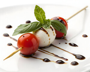 Tomato mozzarella skewers drizzled balsamic glaze garnished basil leaf served white plate