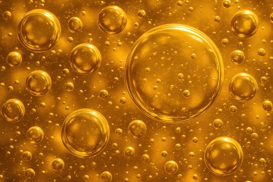 Golden Oil Bubbles In Abstract Motion. Close-up bubbles suspended in golden liquid create a vibrant abstract texture with rich light reflections.
