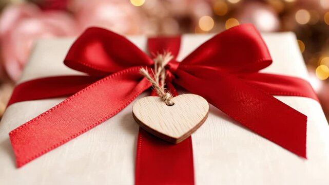 A close-up of a gift box with a red ribbon and a wooden heart tag. The warm, festive atmosphere evokes love and celebration. Ideal for Valentine's Day, anniversaries, or holidays.