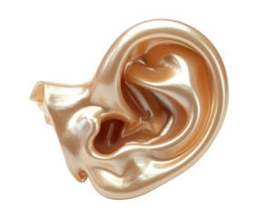 Surreal digital art of a human ear rendered in a flowing, shiny, golden liquid form