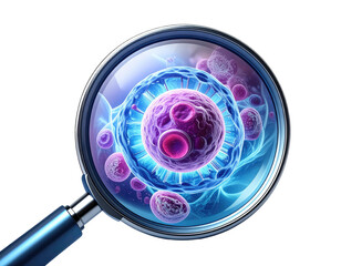 Microscopic view of cell structures under magnifying glass with vibrant, glowing hues