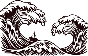 Vintage engraved illustration of a small boat caught in large ocean waves, dynamic hand drawn nautical