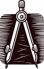 Engraved illustration of vintage drawing compass on textured square background, retro engineering measurement tool