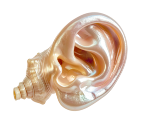 Surreal art piece blending seashell and human ear, rendered with iridescent hues