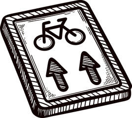 Hand drawn traffic sign with two arrows and bicycle symbol vintage sketch illustration isolated on white