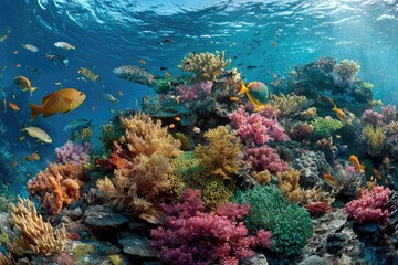 Naklejka premium Vibrant coral reef teeming with colorful fish. Underwater scene showcasing diverse coral formations and marine life