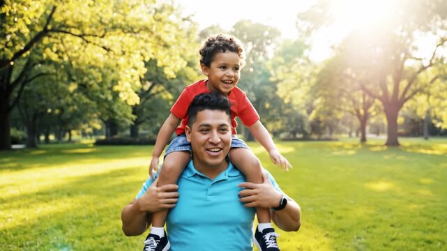A smiling father carries his joyful son on his shoulders in a sunny park. This heartwarming scene evokes love, happiness, and family bonding. Ideal for Father's Day or family themes.