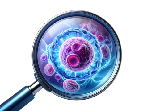 Microscopic view of cell structures under magnifying glass with vibrant, glowing hues