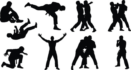 Black Silhouette Set of Martial Arts Fighters Engaging in Combat, Featuring Takedowns, Strikes, and Victory Pose, Symbolizing Struggle and Triumph