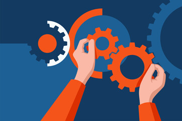 Business time management concept with hands and gears in orange and blue