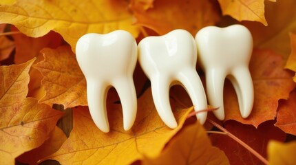 Big white teeth models lie among colorful autumn leaves. Fall foliage, health, decay symbol. Dentist, dental clinic creative design, thanksgiving. Teeth on leaves shows dental health, whitening, oral