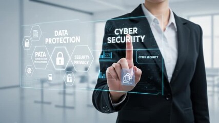 A professional in a suit interacts with a digital interface displaying data security icons, including "Cyber Security" and "Data Protection - Powered by Adobe
