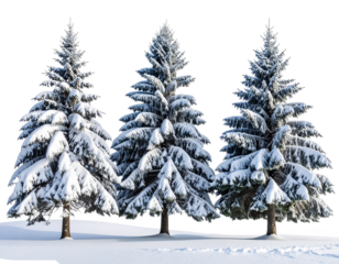 Snow covered pine trees isolated on transparent background.