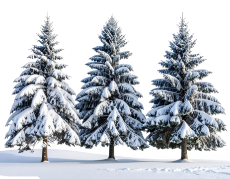 Snow covered pine trees isolated on transparent background.